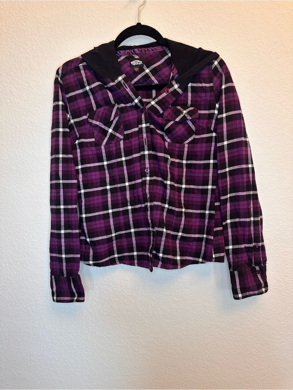 Vans Girls Purple Plaid Button-Down Hooded Shirt